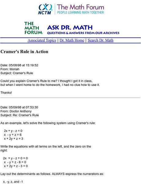 The Math Forum: Ask Dr. Math: Cramer's Rule in Action Activity The Math Forum: Ask Dr. Math: Cramer's Rule in Action Activity