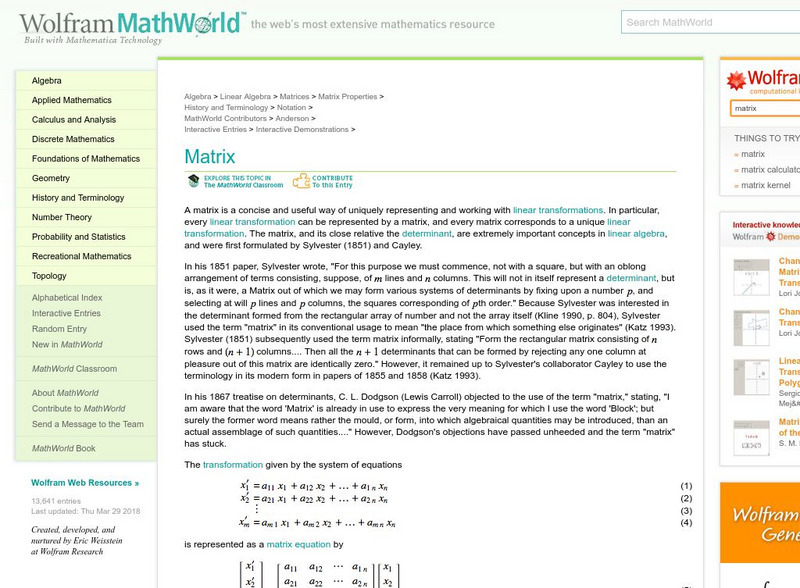 Wolfram Math World: Matrix Handout Wolfram Math World: Matrix Handout