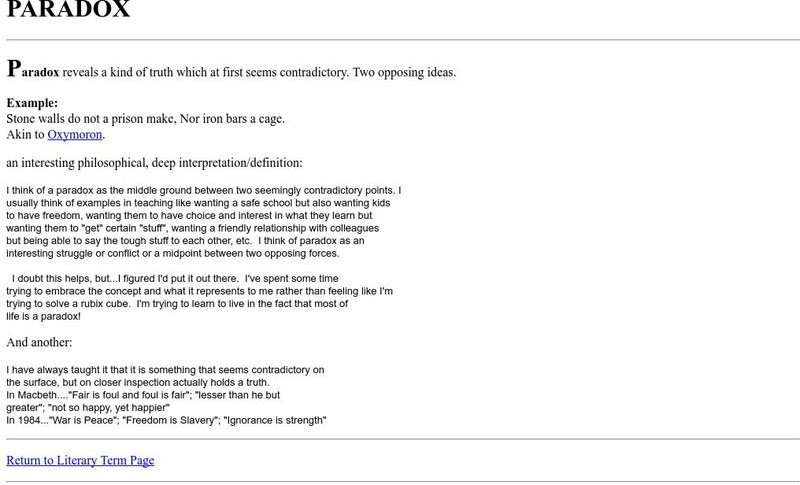 Cyber English (By Ted Nellen): Literary Terms Paradox Handout Cyber English (By Ted Nellen): Literary Terms Paradox Handout