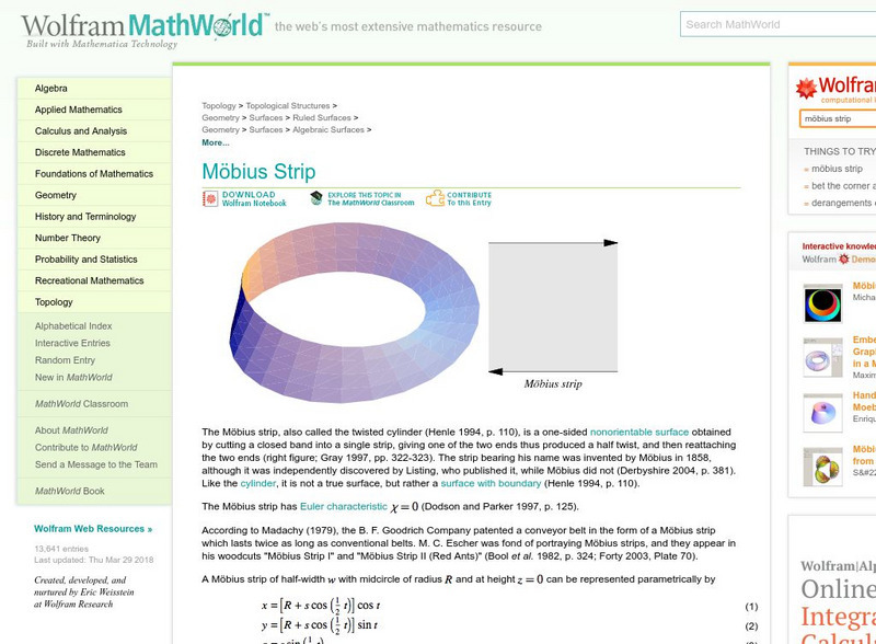 Wolfram Math World: Mobius Strip Handout
