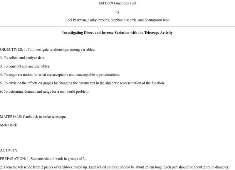 University of Georgia: Investigating Direct & Inverse Variation Telescope Act. Lesson Plan University of Georgia: Investigating Direct & Inverse Variation Telescope Act. Lesson Plan