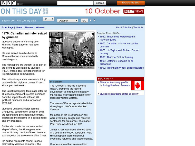 Bbc News: 1970: Canadian Minister Seized by Gunmen Handout