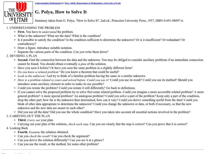 University of Utah: George Polya, How to Solve It Unit Plan University of Utah: George Polya, How to Solve It Unit Plan