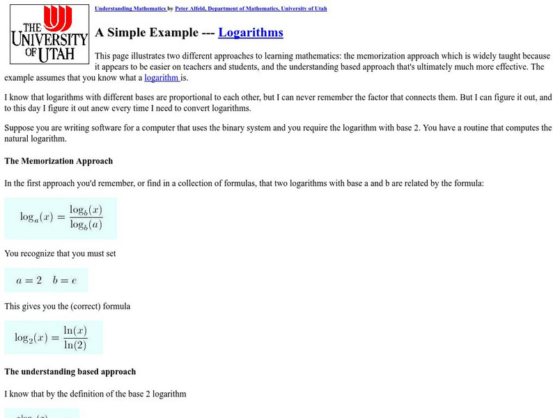 University of Utah: A Simple Example Logarithms Activity
