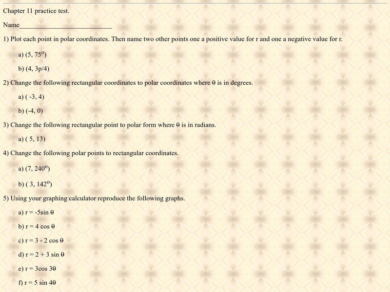 Ojk's Precalculus Study Page: Polar Coordinates Sample Test Unknown Type Ojk's Precalculus Study Page: Polar Coordinates Sample Test Unknown Type