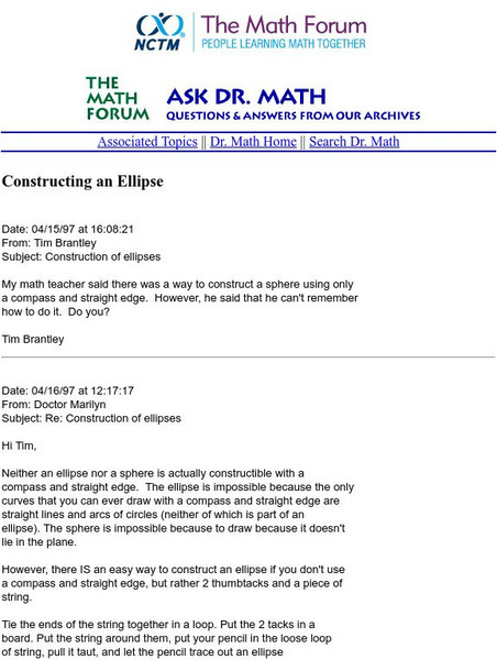 The Math Forum: Ask Dr. Math: Constructing an Ellipse Website The Math Forum: Ask Dr. Math: Constructing an Ellipse Website
