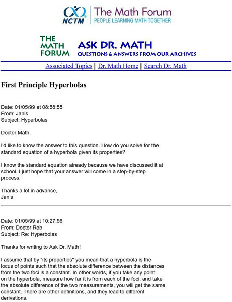 The Math Forum: Ask Dr. Math: First Principle Hyperbolas Website The Math Forum: Ask Dr. Math: First Principle Hyperbolas Website