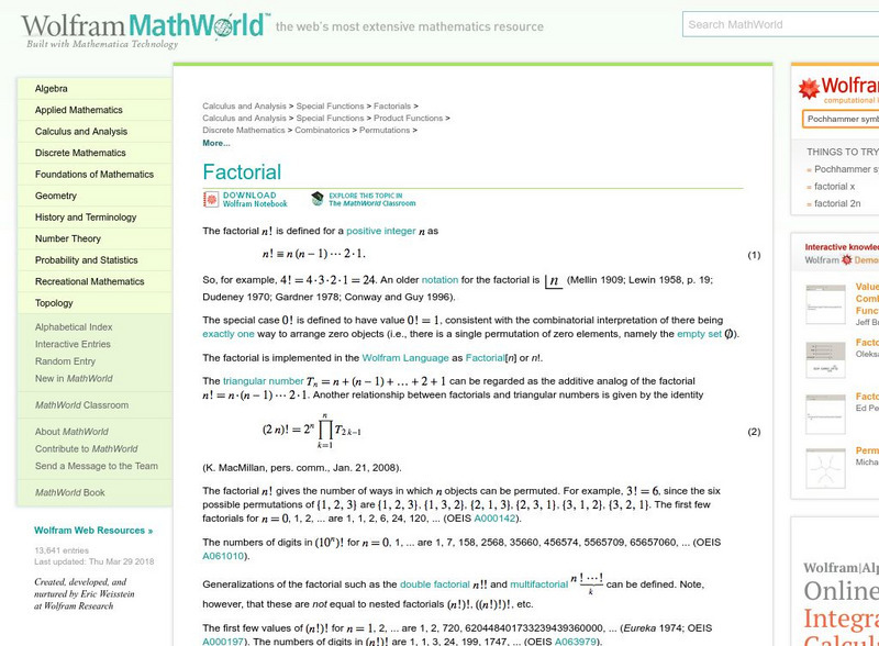 Wolfram Math World: Factorial Website Wolfram Math World: Factorial Website