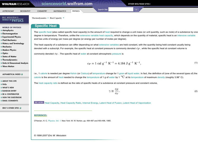 Wolfram Science World: Specifiic Heat Handout Wolfram Science World: Specifiic Heat Handout