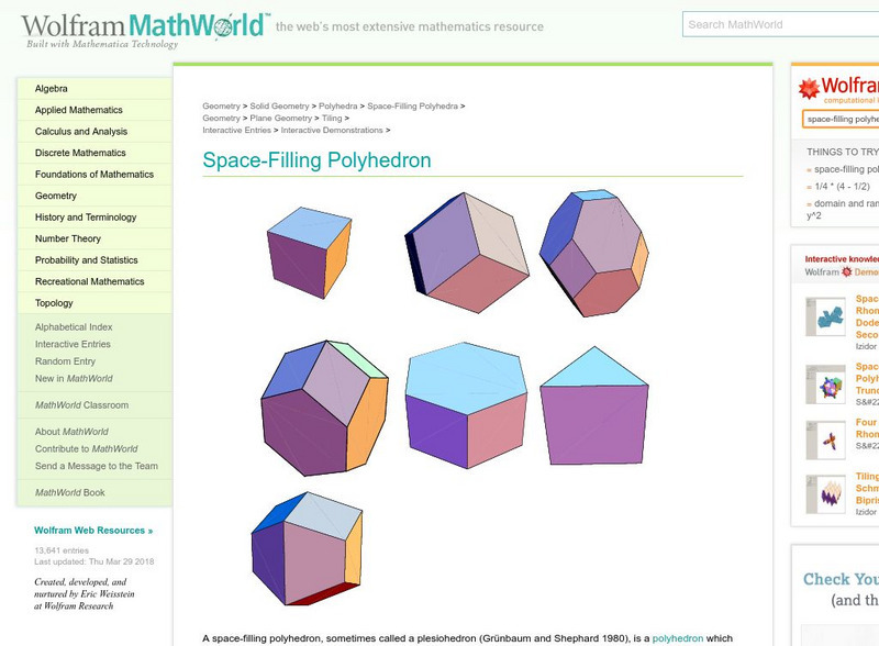 Wolfram Math World: Space Filling Polyhedron Activity Wolfram Math World: Space Filling Polyhedron Activity