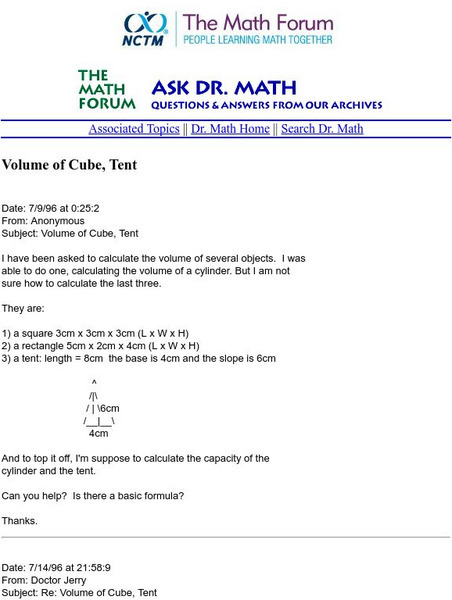The Math Forum: Ask Dr. Math: Volume of Cube, Tent Unit Plan The Math Forum: Ask Dr. Math: Volume of Cube, Tent Unit Plan