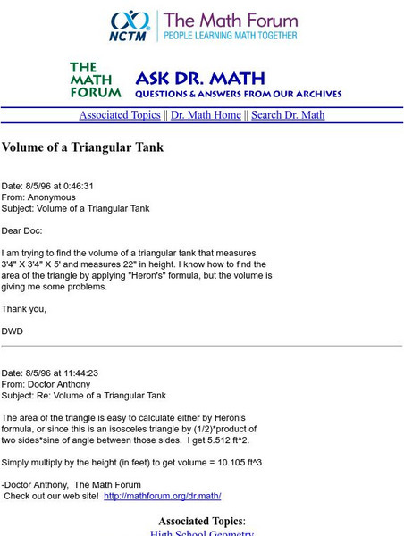 The Math Forum: Ask Dr. Math: Volume of a Triangular Tank Website The Math Forum: Ask Dr. Math: Volume of a Triangular Tank Website