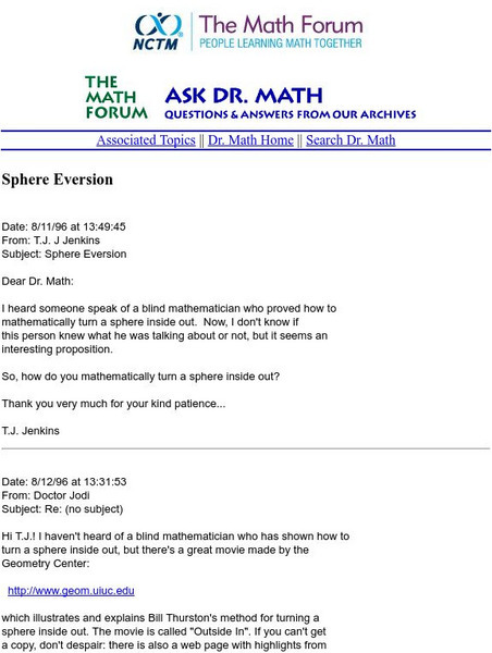 The Math Forum: Ask Dr. Math: Sphere Eversion Unit Plan The Math Forum: Ask Dr. Math: Sphere Eversion Unit Plan