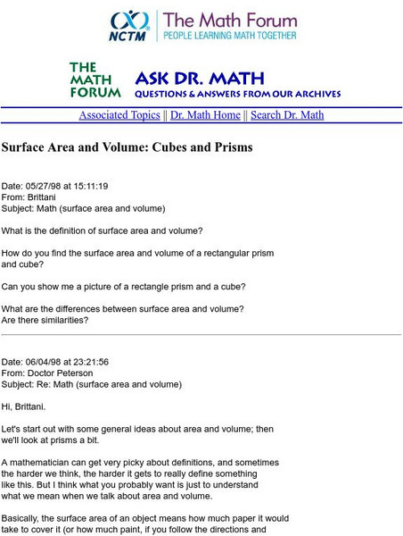 The Math Forum: Ask Dr. Math: Surface Area and Volume:prisms Unit Plan The Math Forum: Ask Dr. Math: Surface Area and Volume:prisms Unit Plan