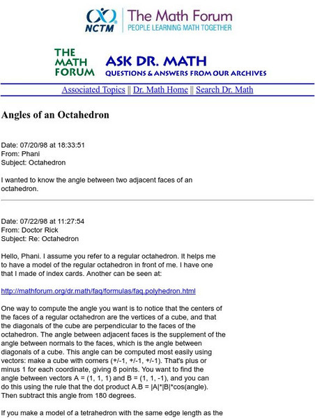 The Math Forum: Angles of an Octahedron Unit Plan The Math Forum: Angles of an Octahedron Unit Plan