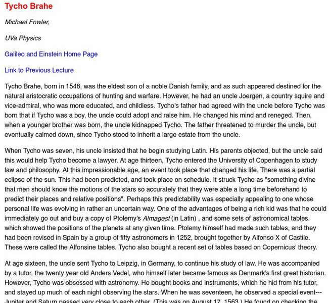 Tycho Brahe U Va Physics Website Tycho Brahe U Va Physics Website