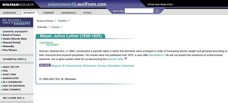 Wolfram Science World: Julius Lothar Meyer (1830 1895) Handout Wolfram Science World: Julius Lothar Meyer (1830 1895) Handout