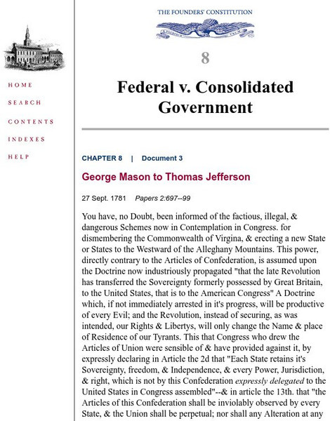 The Founders' Constitution: Letter From George Mason to T. Jefferson Primary The Founders' Constitution: Letter From George Mason to T. Jefferson Primary