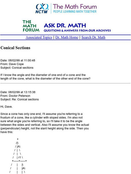 The Math Forum: Ask Dr. Math: Conical Sections Unit Plan The Math Forum: Ask Dr. Math: Conical Sections Unit Plan