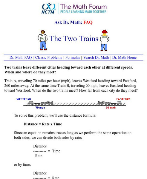The Math Forum: Ask Dr. Math: The Two Trains Activity The Math Forum: Ask Dr. Math: The Two Trains Activity