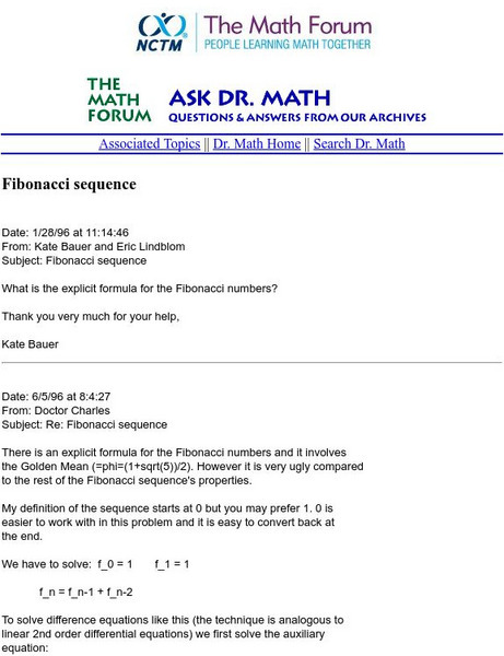 The Math Forum: Ask Dr. Math: Fibonacci Sequence Activity The Math Forum: Ask Dr. Math: Fibonacci Sequence Activity