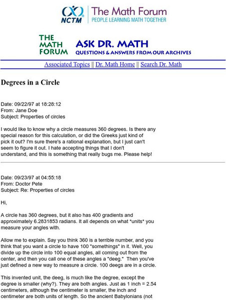 The Math Forum: Ask Dr. Math: Degrees in a Circle Website The Math Forum: Ask Dr. Math: Degrees in a Circle Website