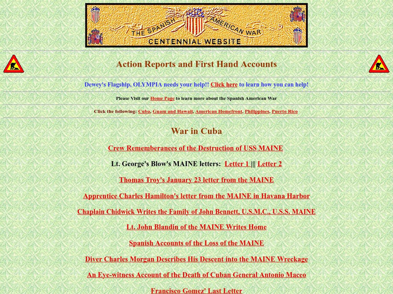 Spanish American War Centennial: Action Reports, First Hand Accounts Handout Spanish American War Centennial: Action Reports, First Hand Accounts Handout