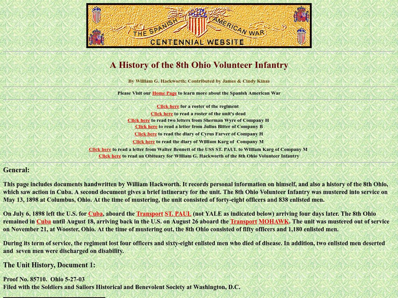Spanish American War Centennial: The 8th Ohio Volunteer Infantry Primary Spanish American War Centennial: The 8th Ohio Volunteer Infantry Primary