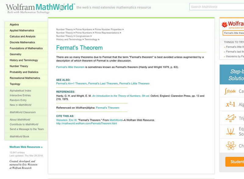 Wolfram Math World: Fermat's Theorem Handout Wolfram Math World: Fermat's Theorem Handout