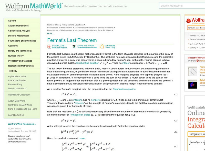 Wolfram Math World: Fermat's Last Theorem Handout Wolfram Math World: Fermat's Last Theorem Handout