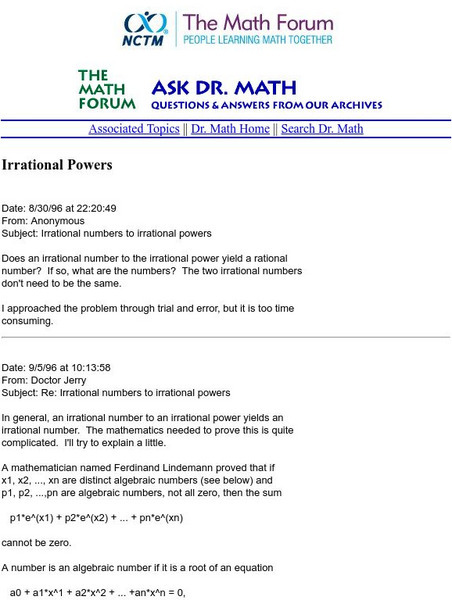 The Math Forum: Ask Dr. Math: Irrational Powers Activity The Math Forum: Ask Dr. Math: Irrational Powers Activity