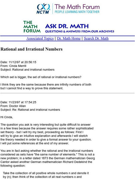 The Math Forum: Ask Dr. Math: Rational and Irrational Number Activity The Math Forum: Ask Dr. Math: Rational and Irrational Number Activity