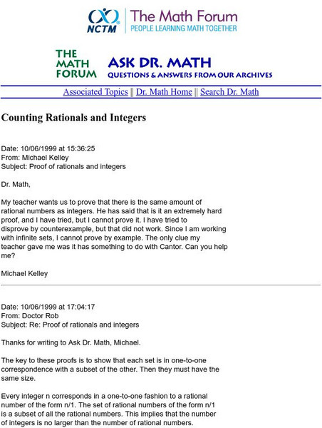 The Math Forum: Ask Dr. Math: Counting Rationals and Integer Activity The Math Forum: Ask Dr. Math: Counting Rationals and Integer Activity