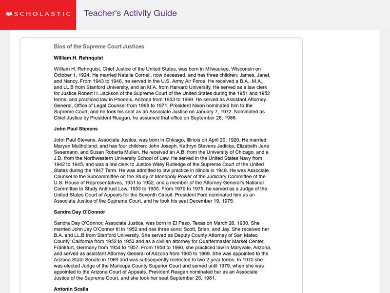 Scholastic: Bios of the Supreme Court Justices Handout Scholastic: Bios of the Supreme Court Justices Handout