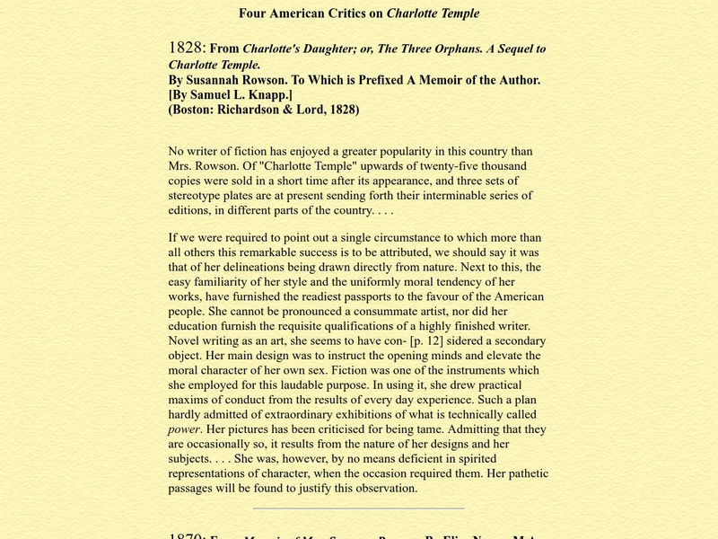 University of Virginia: American Critics on "Charlotte Temple" Primary