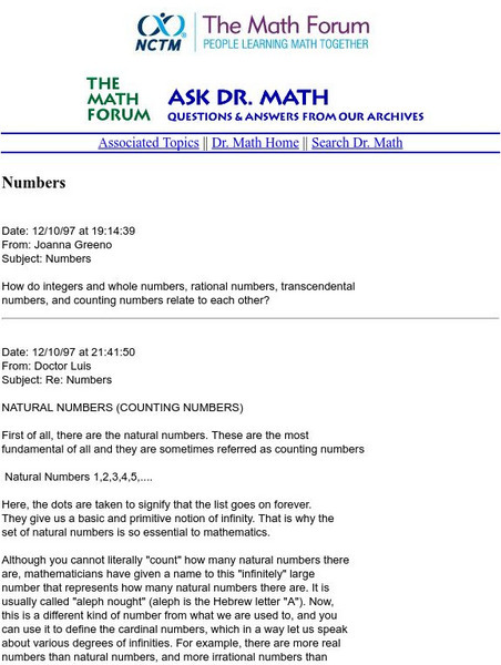 The Math Forum: Ask Dr. Math: Numbers Activity The Math Forum: Ask Dr. Math: Numbers Activity