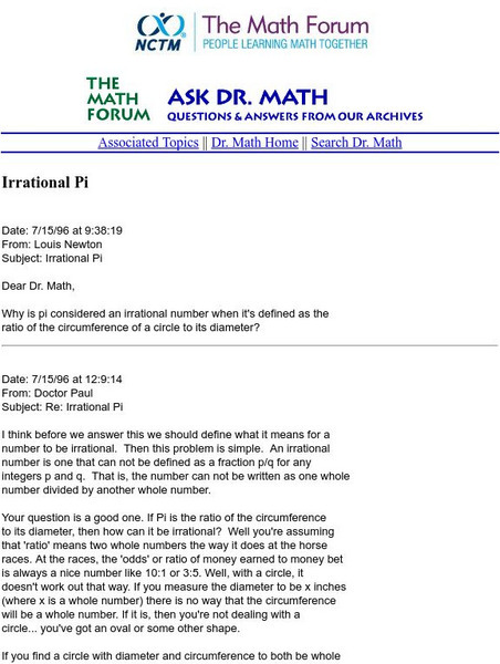 The Math Forum: Ask Dr. Math: Irrational Pi Activity The Math Forum: Ask Dr. Math: Irrational Pi Activity