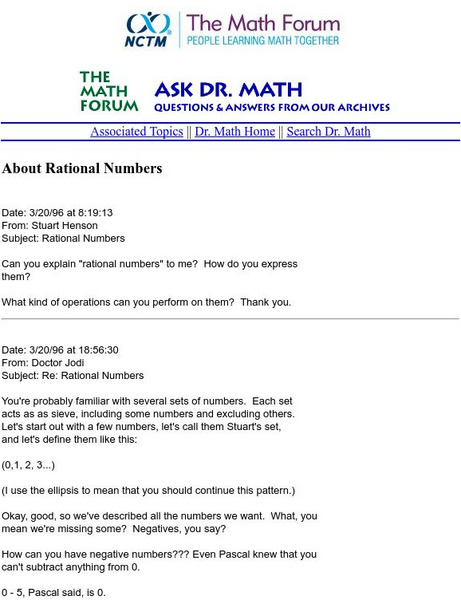The Math Forum: Ask Dr. Math: About Rational Numbers Activity The Math Forum: Ask Dr. Math: About Rational Numbers Activity
