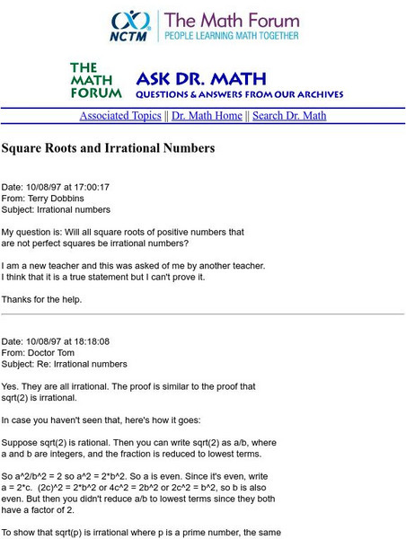 The Math Forum: Ask Dr. Math: Square Roots and Irrational Numbers Activity The Math Forum: Ask Dr. Math: Square Roots and Irrational Numbers Activity