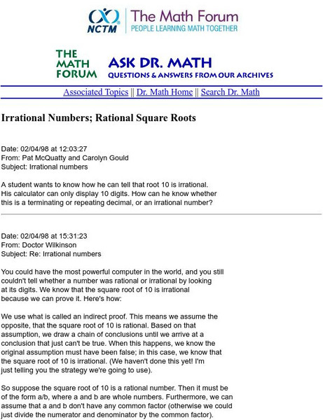 The Math Forum: Ask Dr. Math: Irrational Numbers; Rational Square Roots Activity The Math Forum: Ask Dr. Math: Irrational Numbers; Rational Square Roots Activity