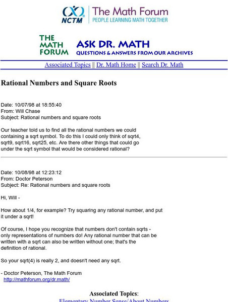 The Math Forum: Ask Dr. Math: Rational Numbers and Square Ro Activity The Math Forum: Ask Dr. Math: Rational Numbers and Square Ro Activity