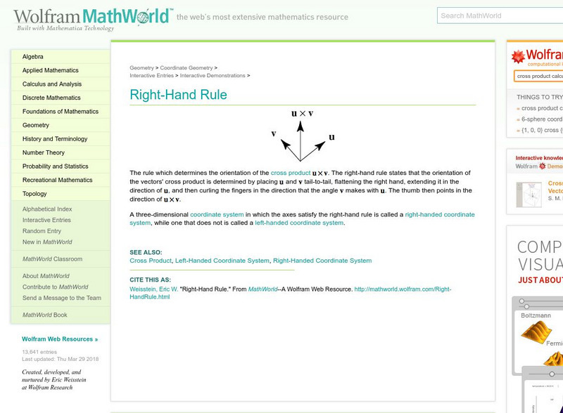 Wolfram Math World: Right Hand Rule Handout