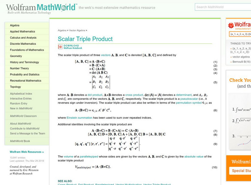 Wolfram Math World: Scalar Triple Product Handout Wolfram Math World: Scalar Triple Product Handout