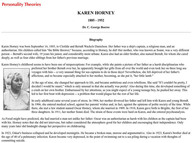 Shippensburg University: Personality Theories: Karen Horney Article