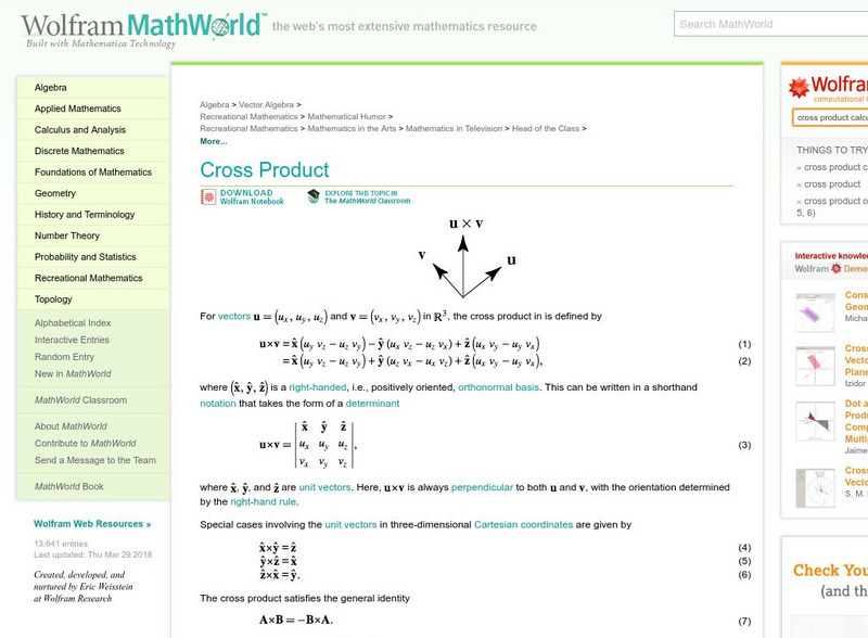 Wolfram Math World: Cross Product Handout Wolfram Math World: Cross Product Handout