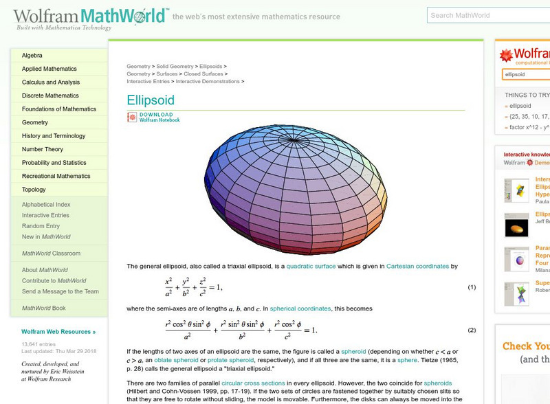 Wolfram Math World: Ellipsoid Handout Wolfram Math World: Ellipsoid Handout