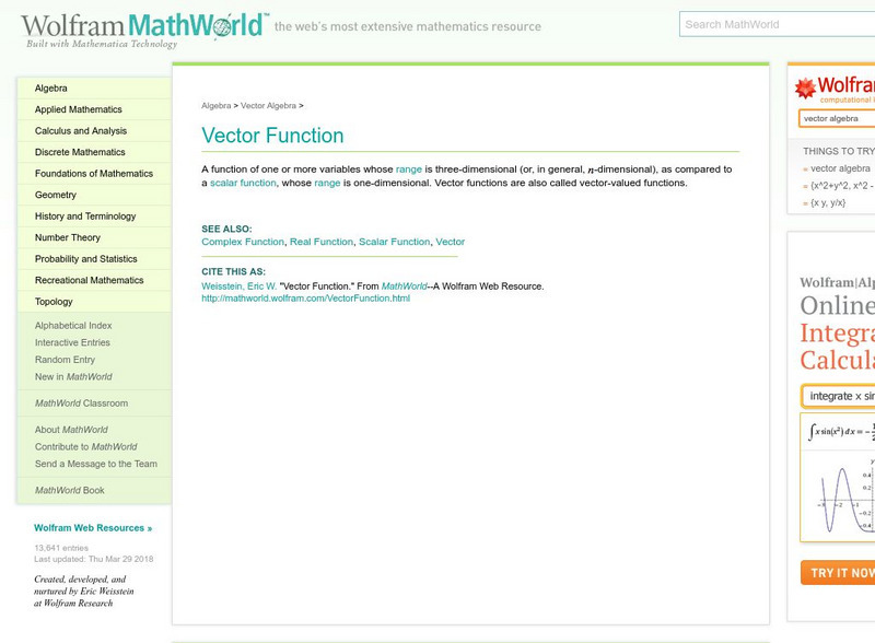 Wolfram Math World: Vector Function Handout for 9th - 10th Grade ...
