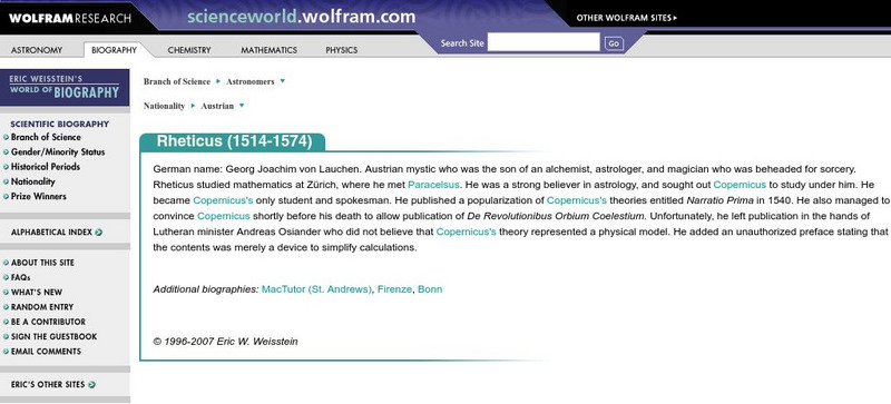 Wolfram Science World: Rheticus (1514 1574) Handout Wolfram Science World: Rheticus (1514 1574) Handout