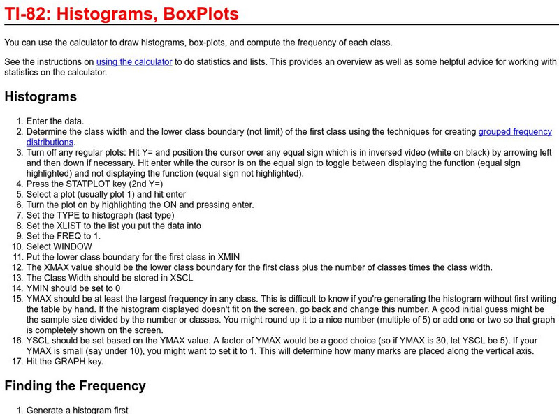 Richland College: Ti 82 Histograms / Box Plots Unit Plan Richland College: Ti 82 Histograms / Box Plots Unit Plan