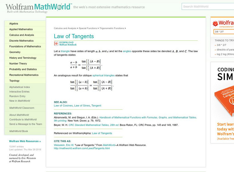 Wolfram Math World: Law of Tangents Handout